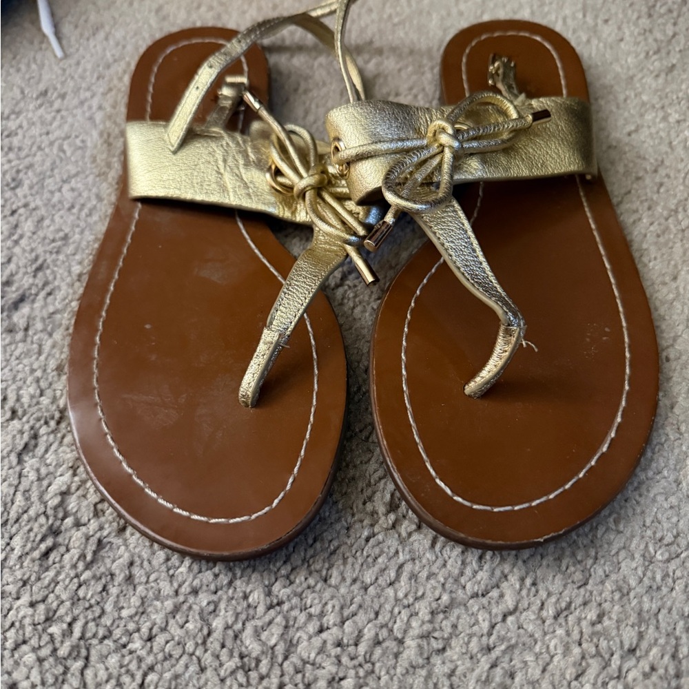 kate spade Gold and Brown Leather Bow Trim Sandals